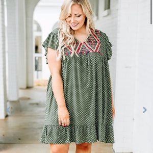 🎉HP🎉 Olive Polka Dot Embroidered Swing Dress